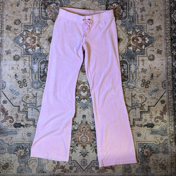 Juicy Couture Pants - Juicy Couture Pink Velour Track Pants Logo Flare Leg Y2K Low Rise Lounge Small